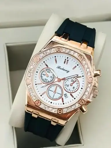 Diamond studded watch. Treding watch with black strip
