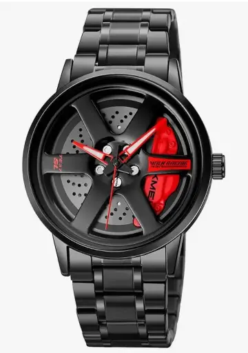 Skmei Men's Spinning Car Wheels Rolling Creative Fashion Watches for Men, Analog Watch Black Dial Zink Alloy Case Men's Watch, Black Color Stainless Steel Band, Rolling Wheel